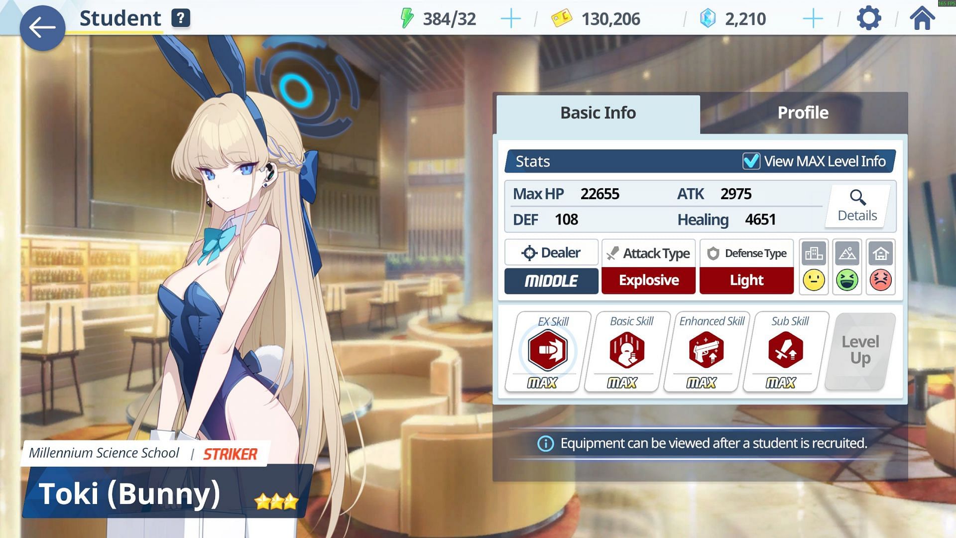 Max stats for Toki (Bunny) in Blue Archive (Image via Nexon)